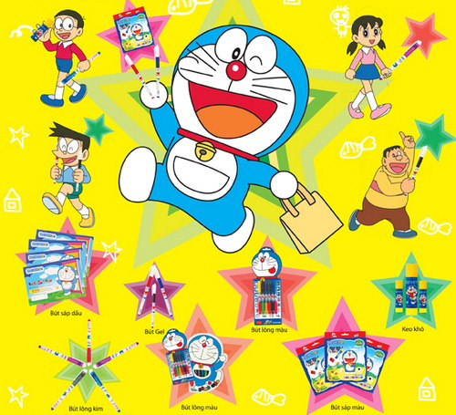 but may Doraemon; bút lông kim doraemon; bút sáp dầu doraemon; bút gel doraemon